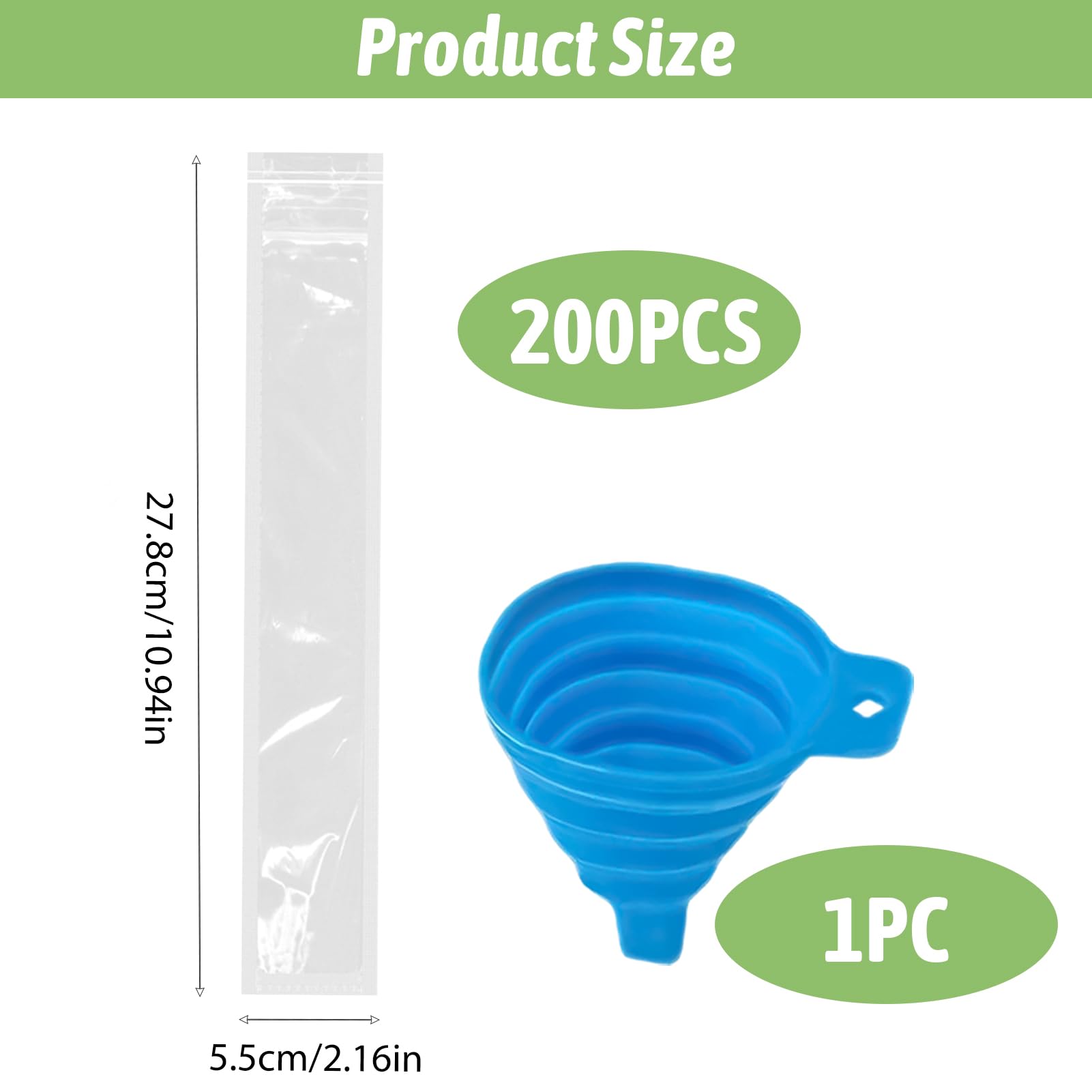 200 Bolsas para Polos Flash Helado DIY (5.5x28cm) + 1 Embudo Plegable | Moldes para Helados Caseros Sin BPA, Bolsas de Plástico Desechables para Postres Congelados y Meriendas Infantiles
