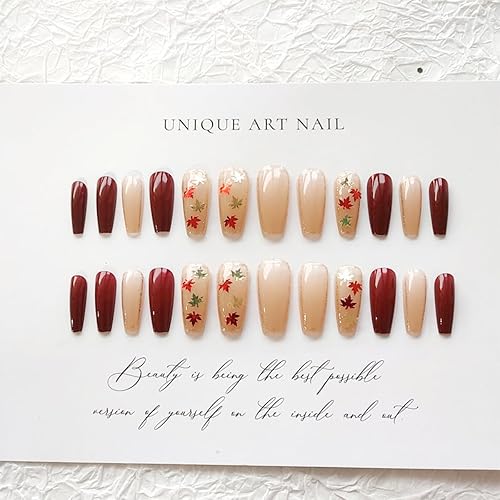 Miniatura 5 de 24 uñas postizas largas a presión con forma de ataúd, hojas de arce, uñas con pegamento, diseño de Acción de Gracias, uñas acrílicas estáticas,