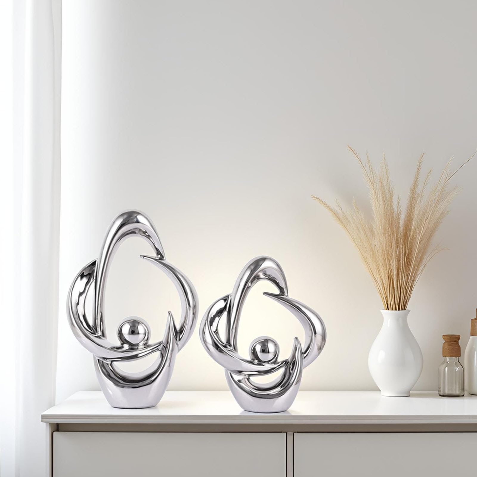 2 statue astratte in ceramica, decorazione moderna di metà secolo, decorazione moderna per tavoli, tavolino da caffè, decorazione per soggiorno, scrivania, sala da pranzo, cucina (argento)
