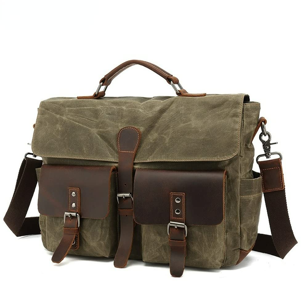 SCOFY FASHION Vintage Waterproof Wax Canvas Laptop Handbags Briefcase for Work Computer Bags Outdoor Crossbody Bag (Army Green)