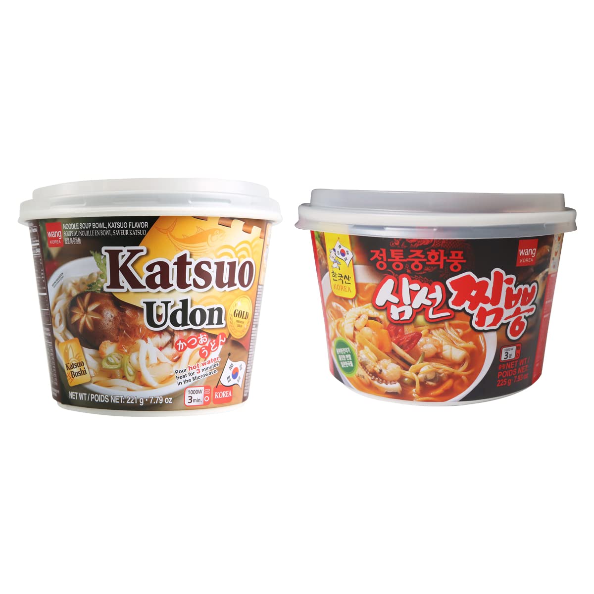 Wang Katsuo Udon Bowl and Seafood Jjamppong Spicy Noodle Soup, pack of 6