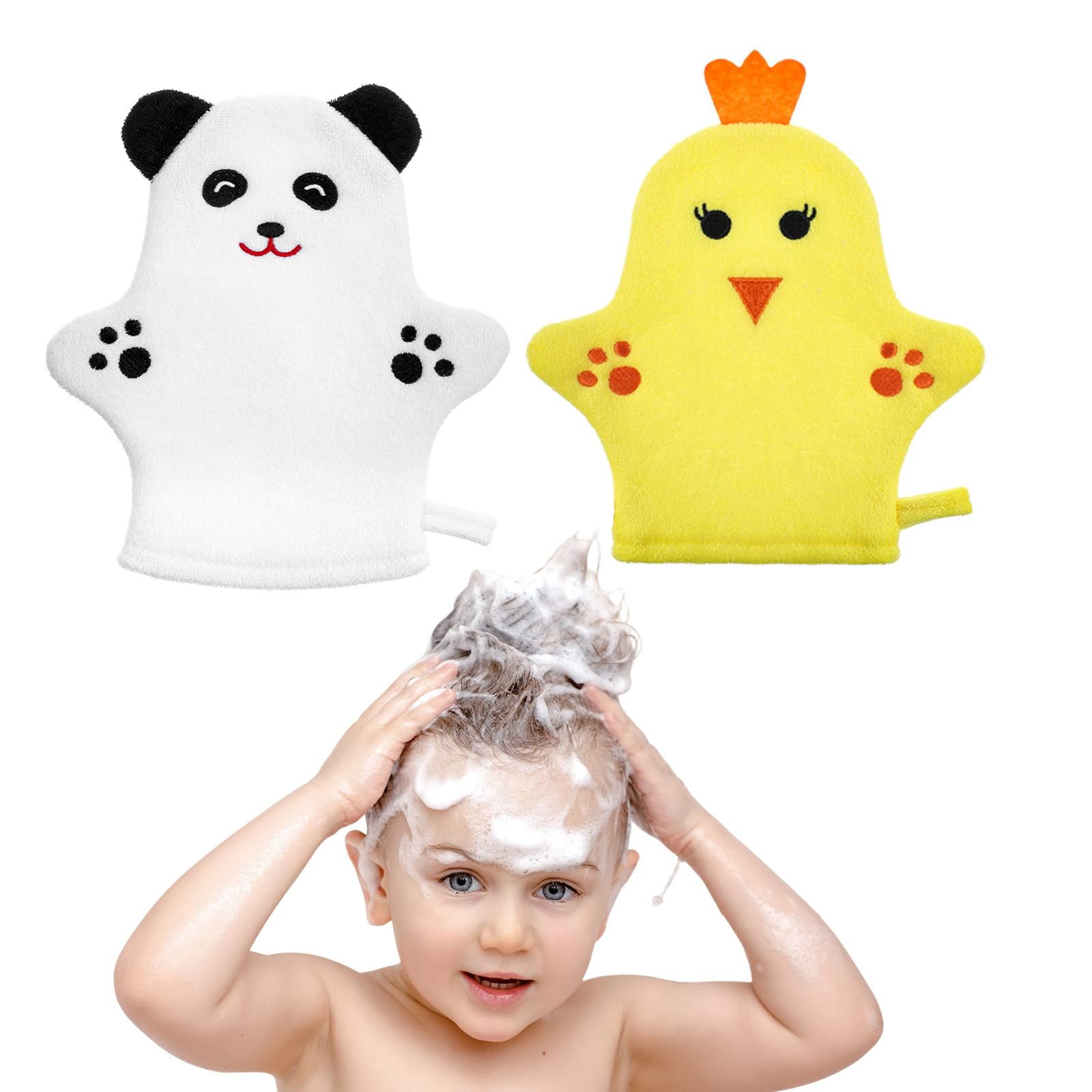 2PCS Baby Bath Mitt Washcloths Gloves Panda Chicken Toddler Soft Washcloths for Kids Designed in Cute Animal Towel