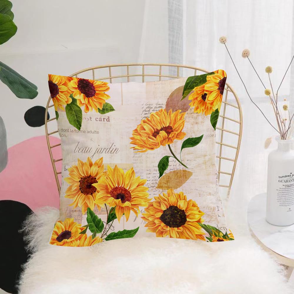 HYMSXW Cushion Cover,Throw Pillow Case Home Decorative for Living Room Bedroom Sofa Chair 20X20 Inch,with hand drawn vibrant yellow watercolor sunflowers on the background of old l,Pillowcase 50X50cm