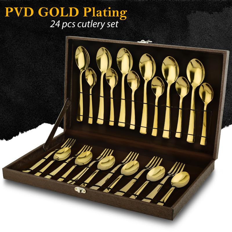 Parage 24 Pieces Premium Stainless Steel Golden Cutlery Set, Home & Kitchen with Gift Box, PVD Gold (6 Pieces Each Table Spoons, Table Forks, Dinner Spoons & Tea Spoons) with Leatherite Box offers donot miss 3 Parage 24 Pieces Premium Stainless Steel Golden Cutlery Set, Home & Kitchen with Gift Box, PVD Gold (6 Pieces Each Table Spoons, Table Forks, Dinner Spoons & Tea Spoons) with Leatherite Box offers donot miss