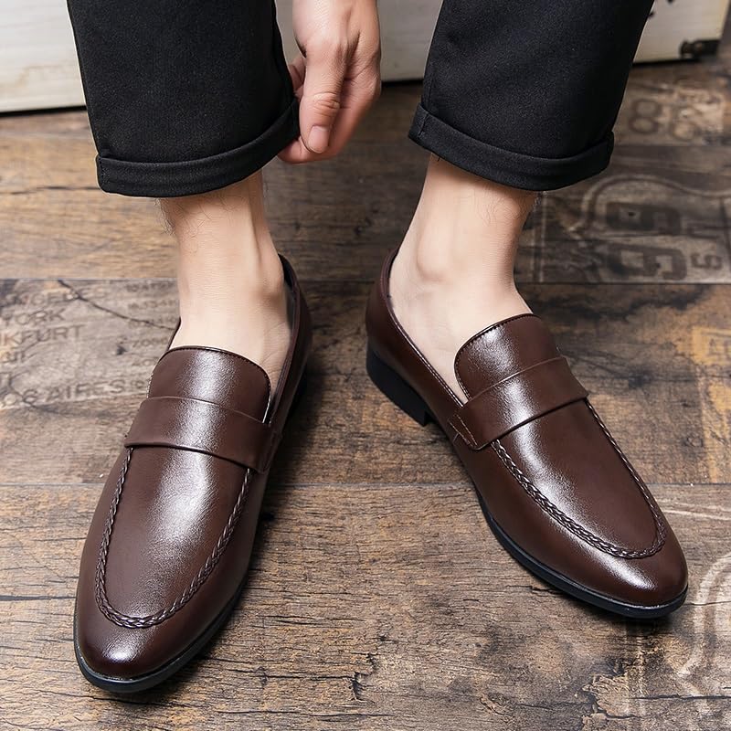 HOOENG Oxford Shoes for Men Slip On Pointed Toe PU Leather Apron Toe Penny Loafer Low Top Rubber Sole Block Heel Casual(Color:Brown,Size:7)3