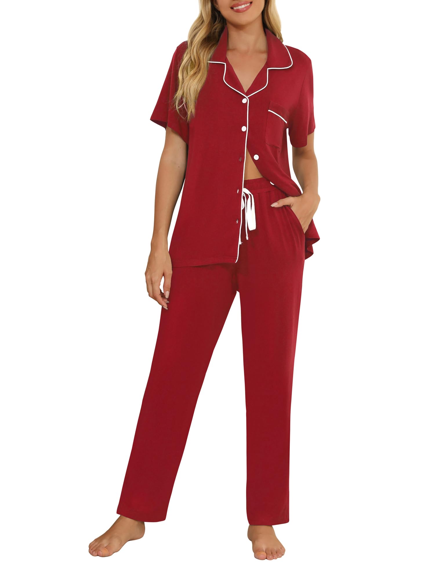 Senert Womens 2 Piece Pajamas Set Button Down Top and Pants Soft Sleepwear | Short Sleeve Lounge Sets with Pockets, Maternity/ Nursing /Postpartum Pjs Set, Bride Pjs Set for All Seasons