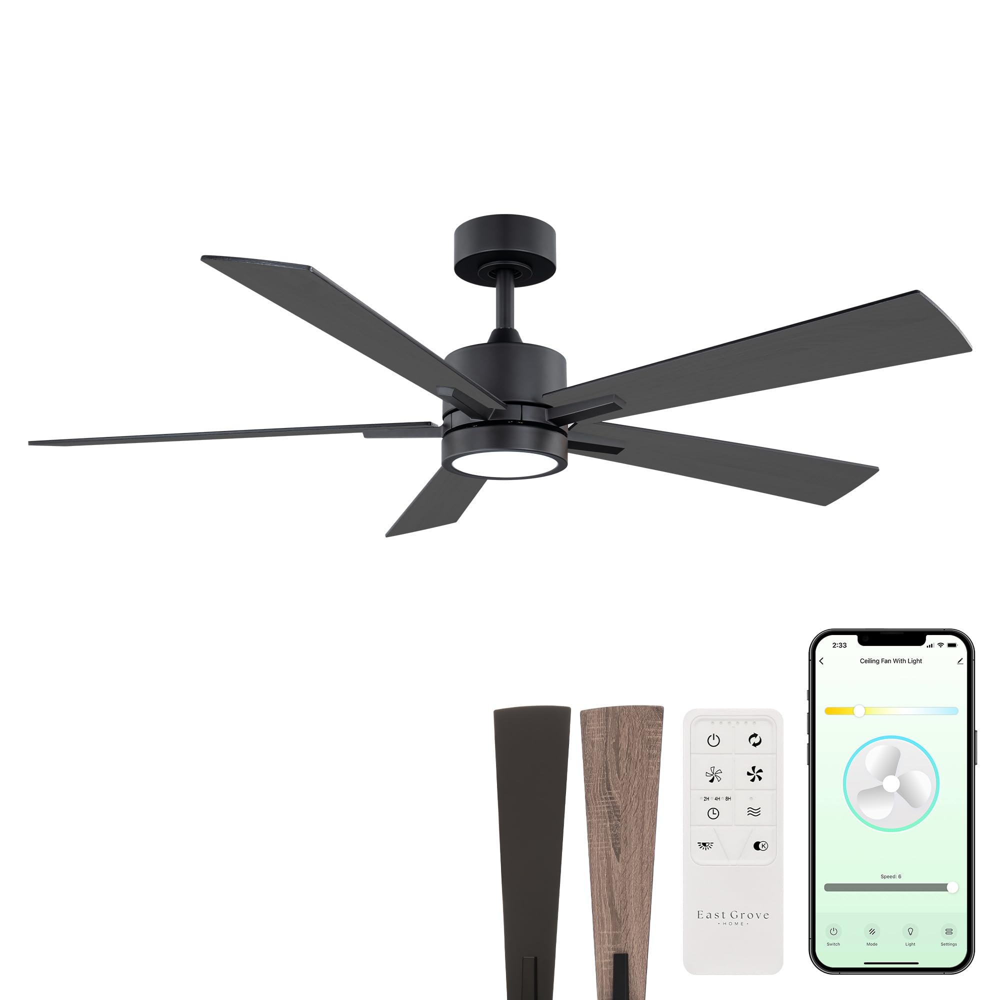 Bali Smart 5-Blade 52in Ceiling Fan 2700K-6000K CCT Selectable LED Light Kit with Remote Control and Black Hardware with Reversible Blades in Weathered Wood or Black Works With iOS or Android App