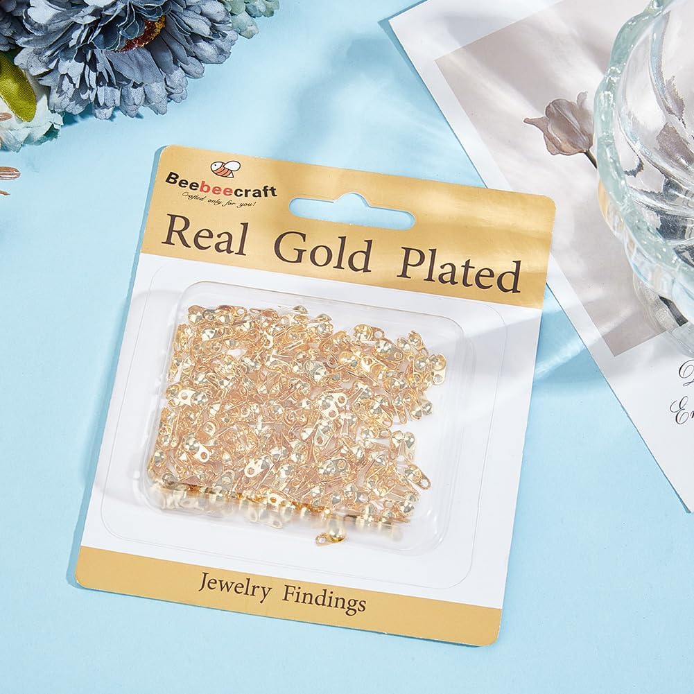 Beebeecraft 1Box 150Pcs Bead Tips 18K Gold Plated Brass Knot Covers Clamshell Crimp Tips Beads Fold Over Bead Covers Ends Caps for Bracelets Necklaces Making