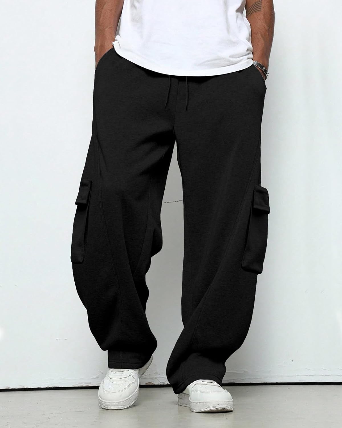 BUXKR Men's Baggy Sweatpants Wide Leg Fleece Casual Joggers Cotton Loose Drawstring Elastic Waist Pants with Pockets - Image 2