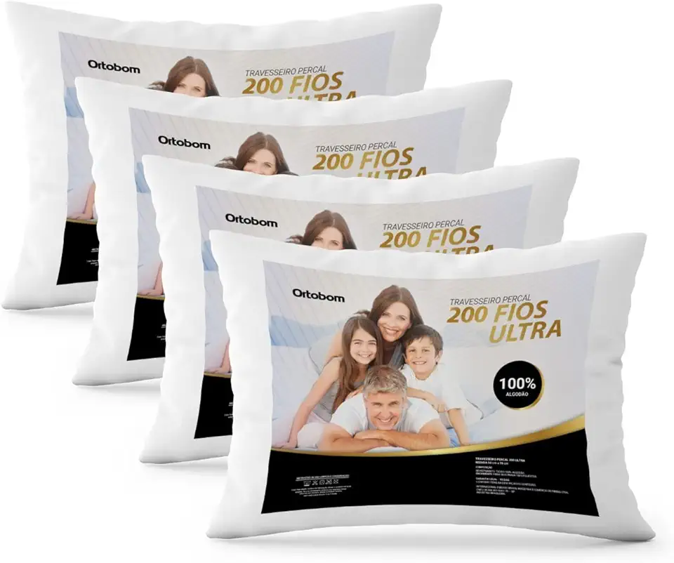 Kit Travesseiro 04 Peças 100% Algodão Percal 200 Fios Ultra, Antiácaro, Antialérgico, Lavavel em Maquina