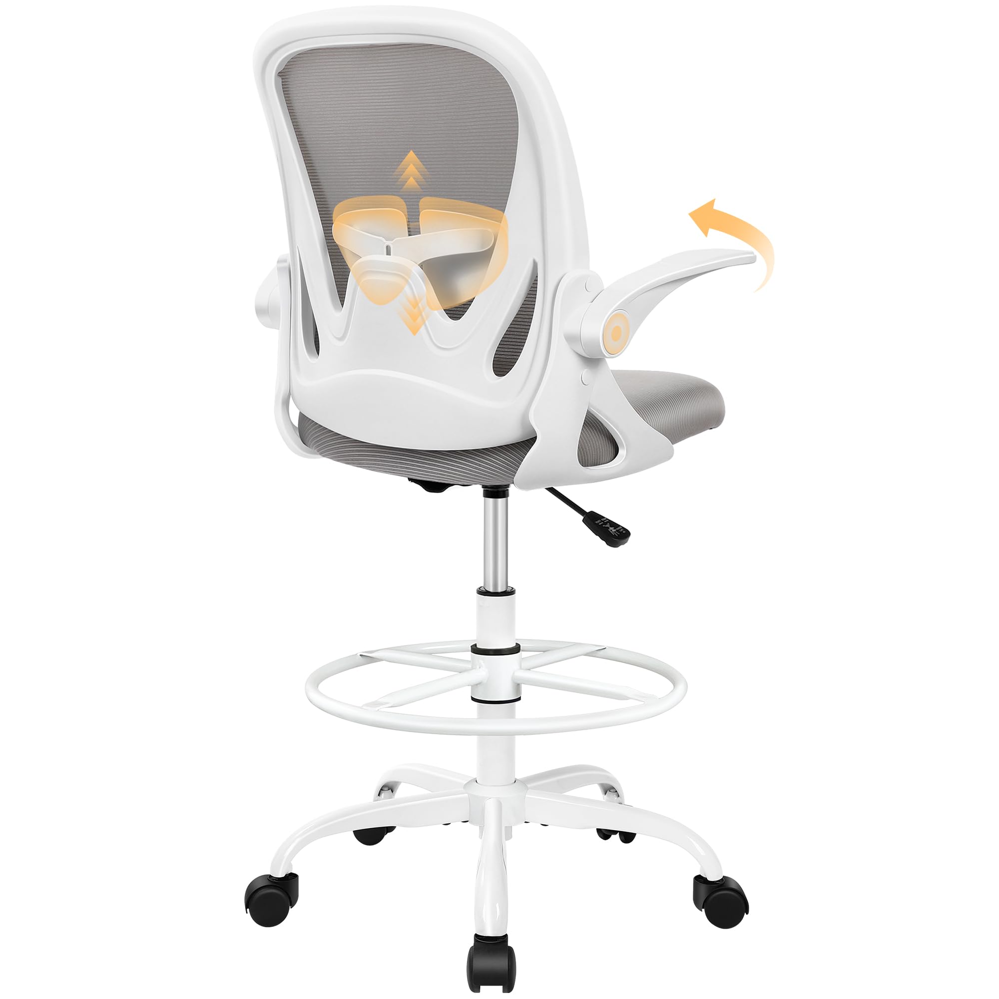 Ergonomic Drafting Chair with Flip-Up Armrests &amp; Adjustable Footrest – Tall Office Chair for Standing Desks, Lumbar Support, Gray – Home &amp; Office Comfort