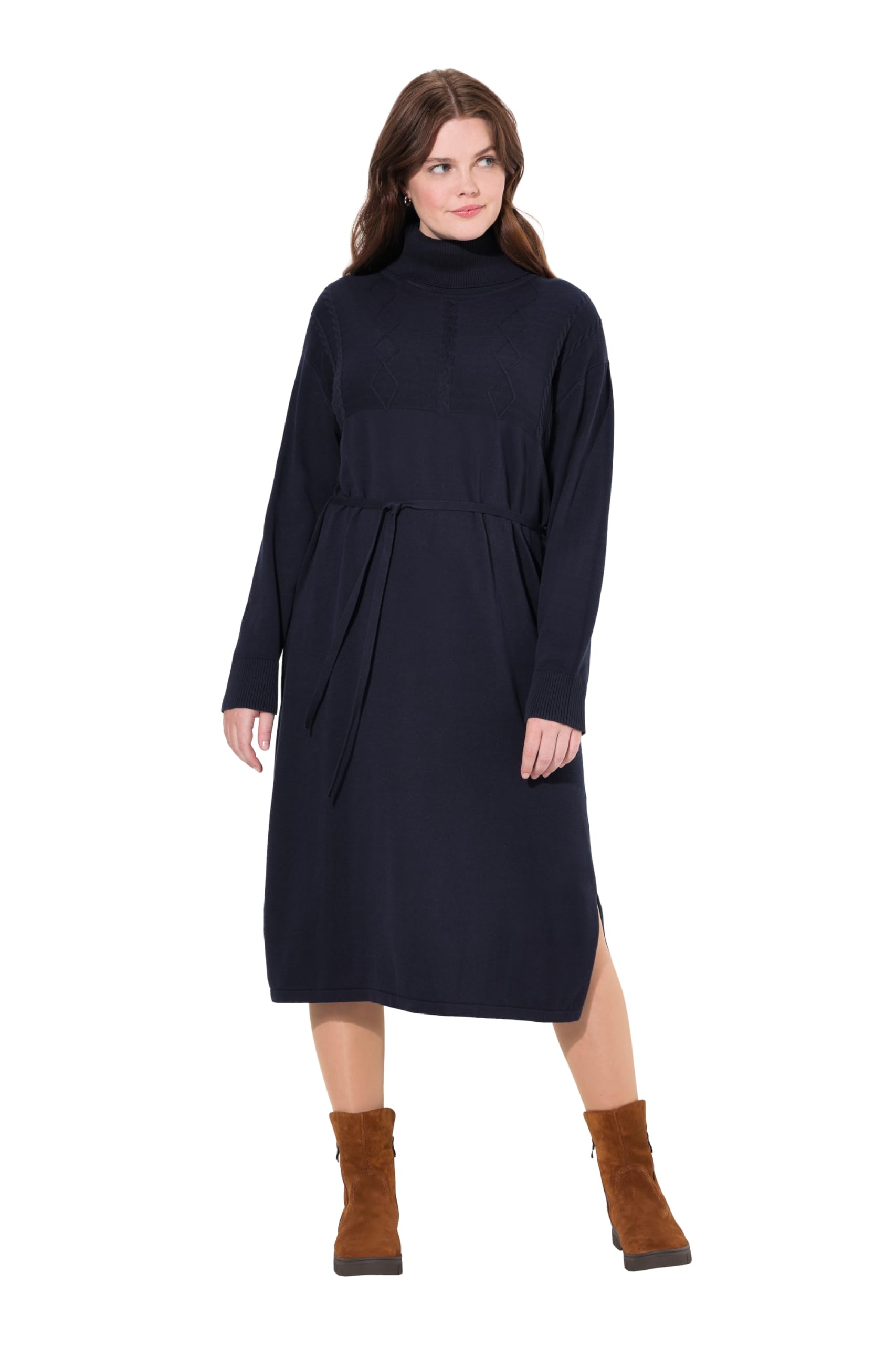 Ulla Popken Damen große Größen Übergrößen Plus Size Strickkleid, Zopfmuster, Rollkragen, Langarm, Biobaumwolle 833297
