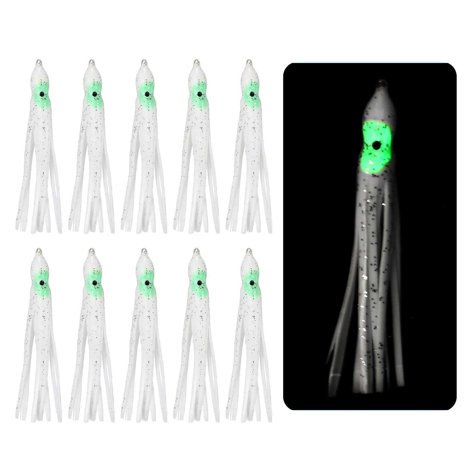 YELARXI Fishing Squid Skirts, Glow Soft Plastic Trolling Lures Luminous 3.5 x 0.4 Inch & 10 Pcs & White -Fitting for (Bass/Trout/Salmon/Saltwater/Fishing Bait)