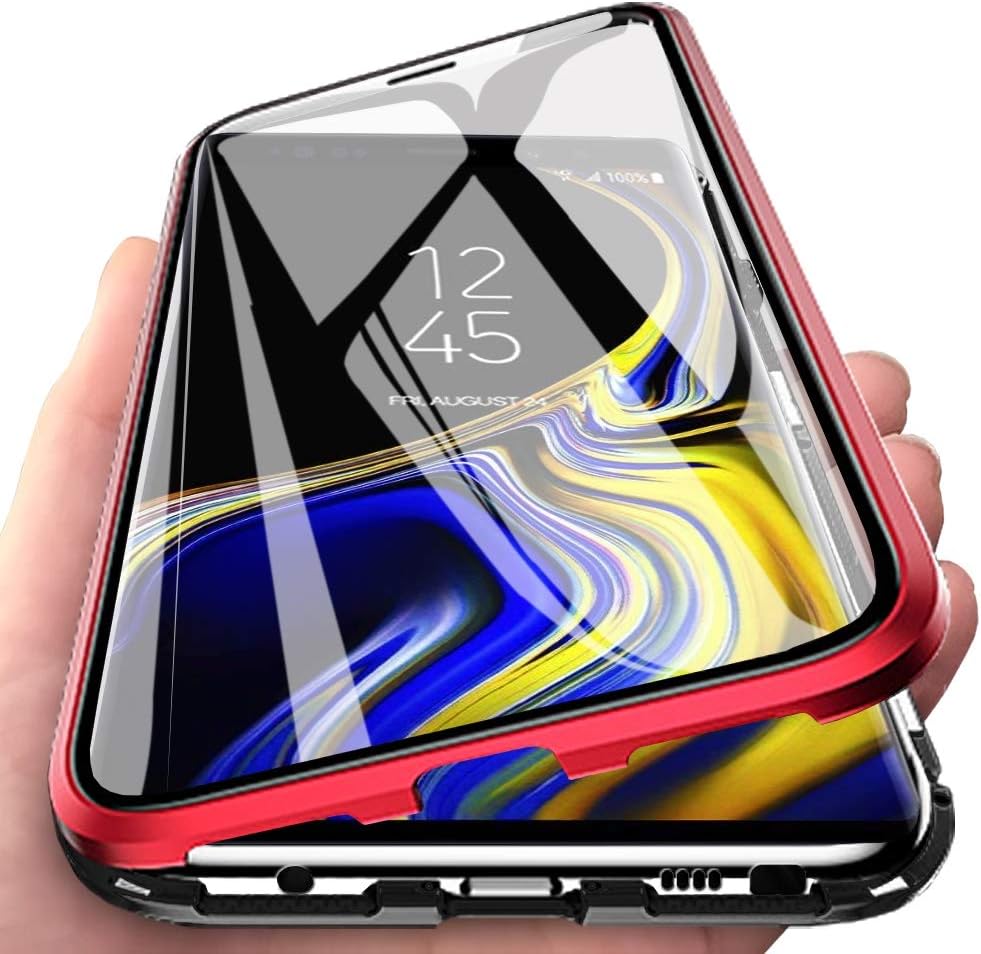 Eabuy Galaxy Note 9 Case, 360° Full Body Transparent Tempered Glass with Magnetic Adsorption Metal Bumper Case Cover for Samsung Galaxy Note 9 Red Black