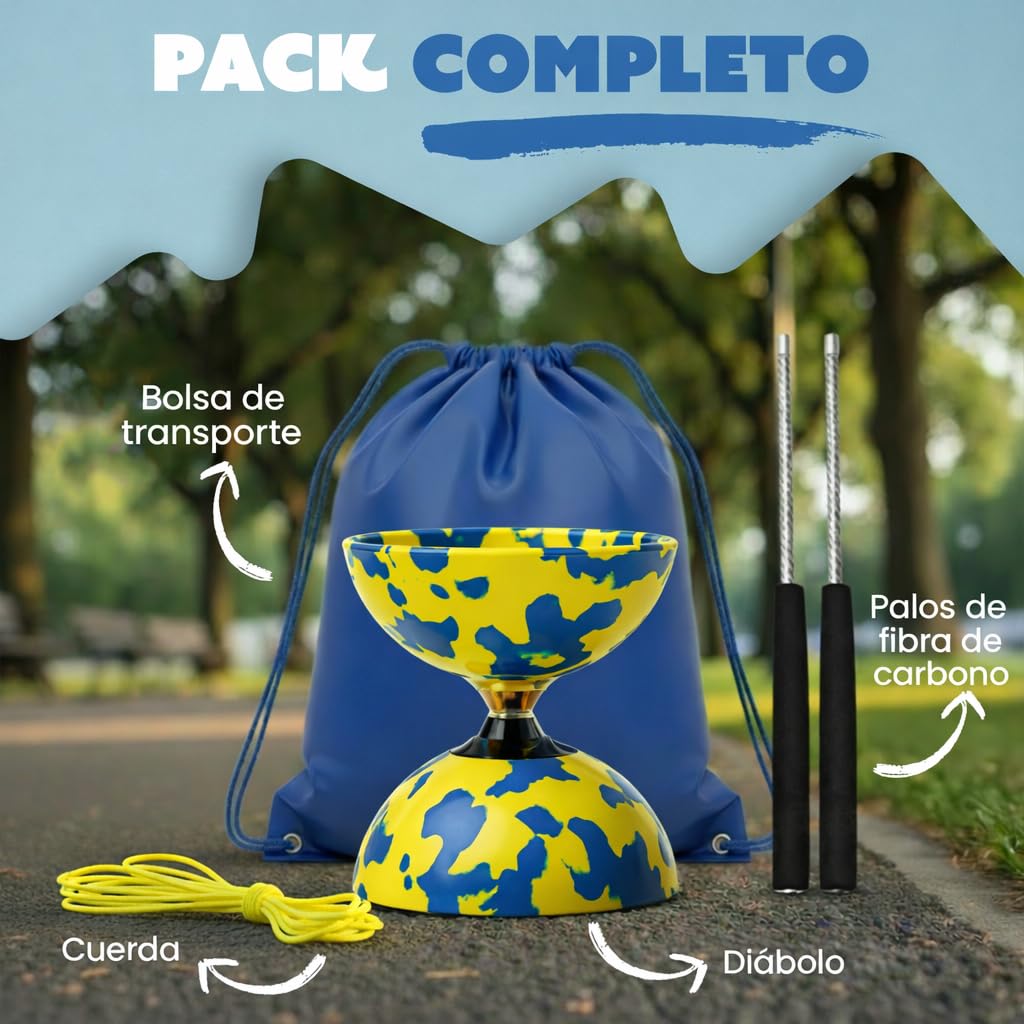 Diábolo Profesional Triple Rodamiento, Diabolo de Malabares con Palos de Fibra de Carbono, Cuerda y Bolsa de Transporte, Estable y Resistente para Principiantes y Adultos (Amarillo y Azul) — view 5