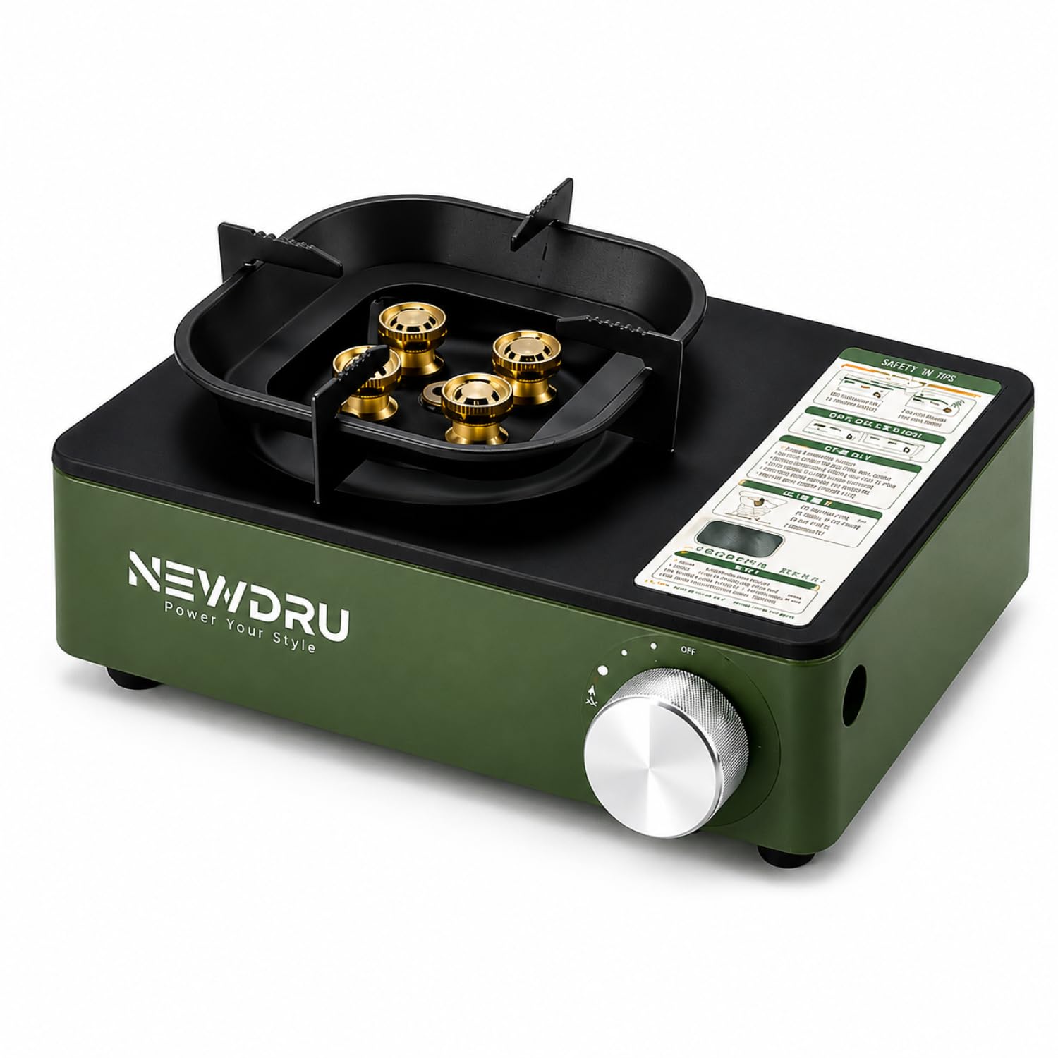 newdru portable outdoor mini gas stove | butane fuel & cassette cartridge compatible | metallic body camping stove with adjustable flame control | cooking burner for outdoor, camping, picnic & travel