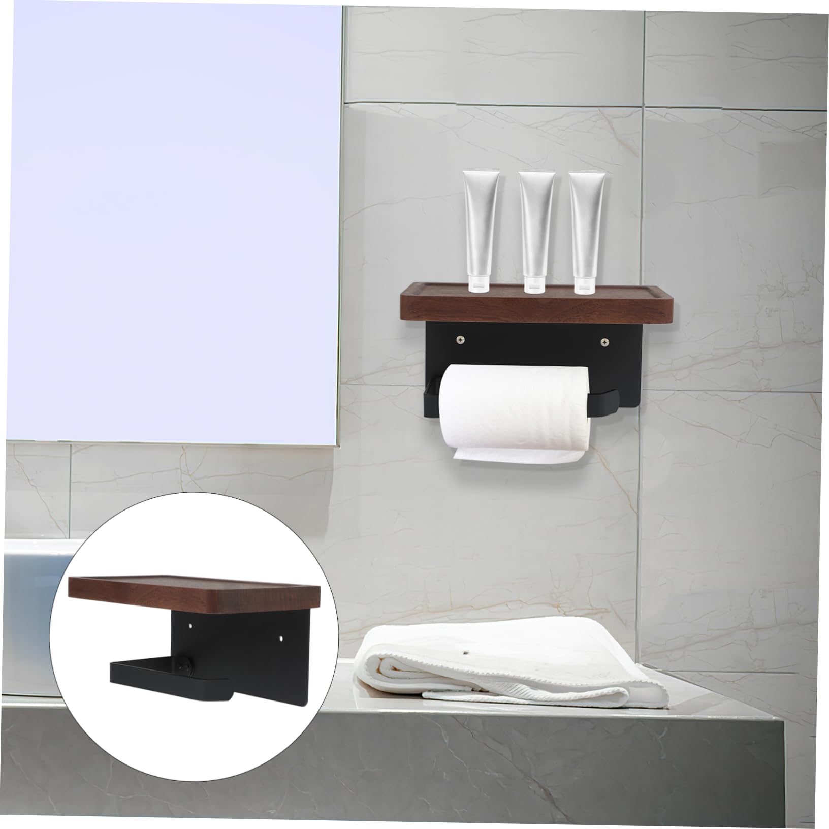 Porte-Rouleau de Papier Toilette Mural en Bois, Étagère Noire
