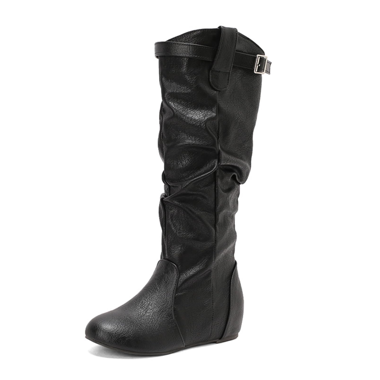 Womens Slouchy Knee High Boots With Buckle Strap Hidden Wedge Heels Round Toe Faux Leather Casual Fashion Boots