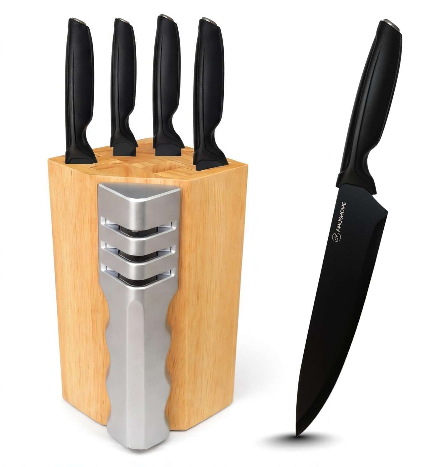 AMUSHOME Knife Set with Block and Sharpener, Kitchen Knife Set with Wooden Knife Block, 5 Black Kitchen Knives with Built-in Three Stage Sharpener, Chef Knife Set for Home Kitchen Accessories