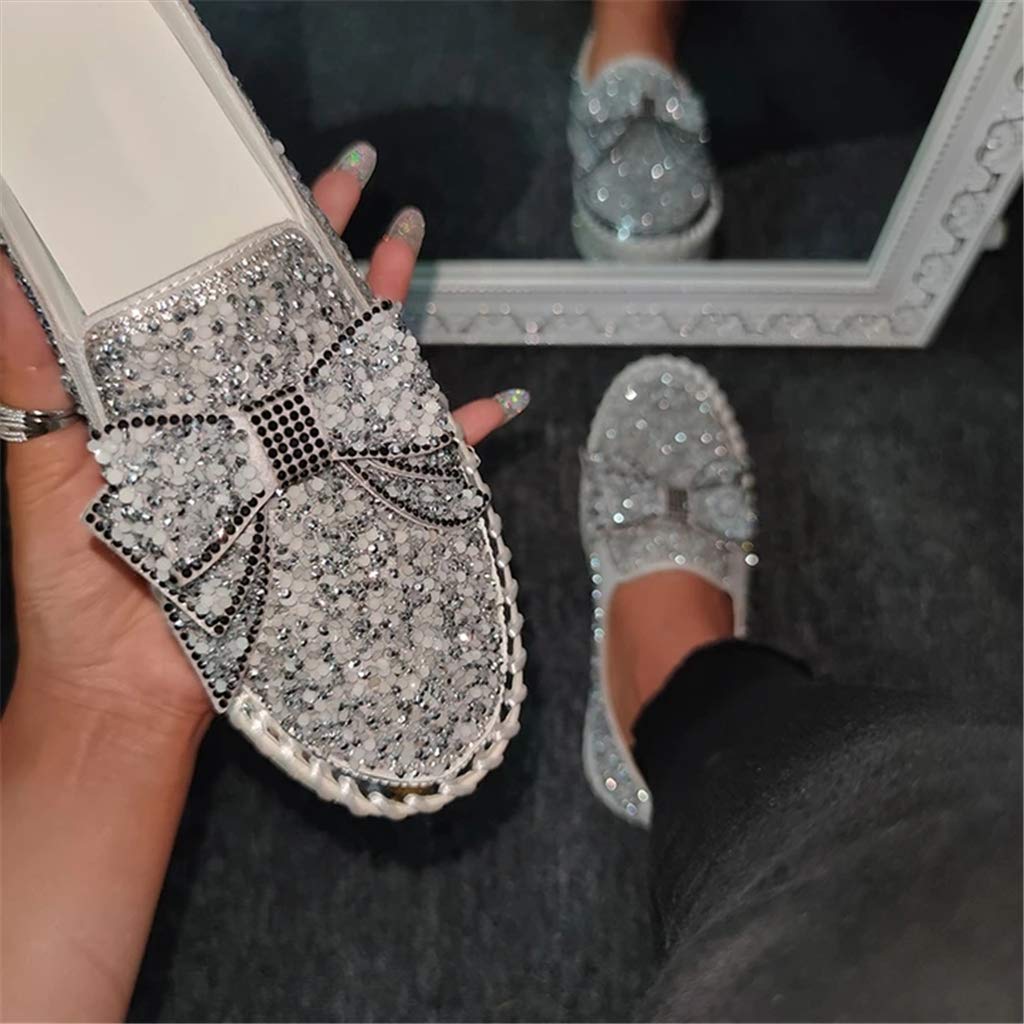 Cydmoty Mocasines casuales con diamantes de imitación para mujer con bonito lazo de plataforma