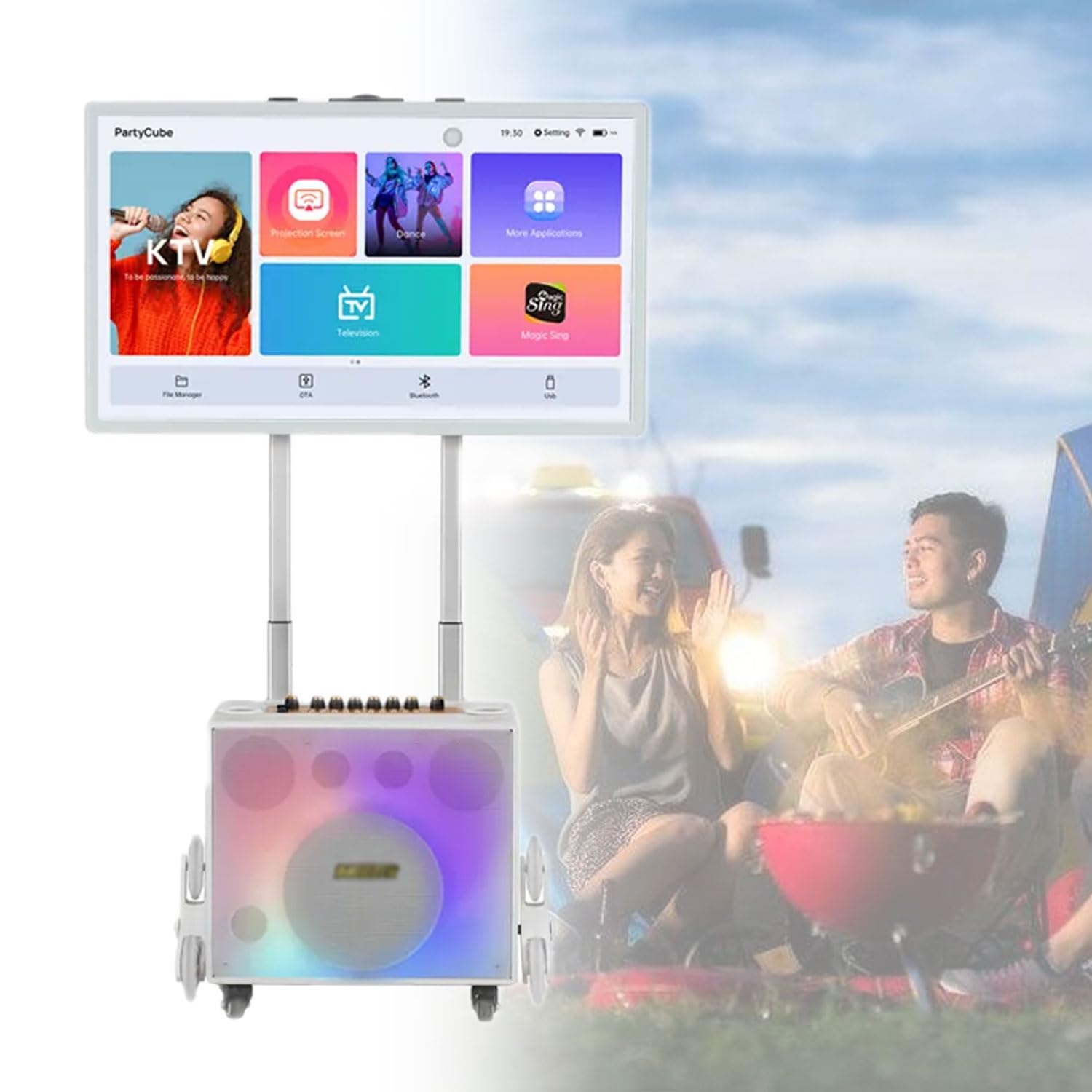 Karaoke Bluetooth Portatile, Sistema Ktv Bluetooth Touch Screen Da 32" Con 2 Microfoni Wireless, Luce Colorata A Led, Macchina Per Karaoke Professionale Pieghevole Per Campeggio, Feste, All'Aperto (B