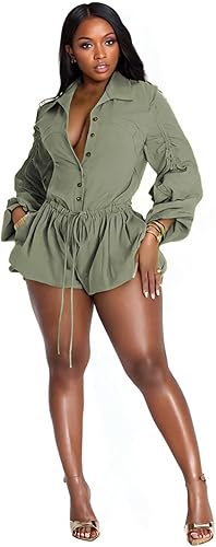 Famnbro Womens Summer Rompers Long Sleeve V Neck Drawstring Bubble Short Cute Ju