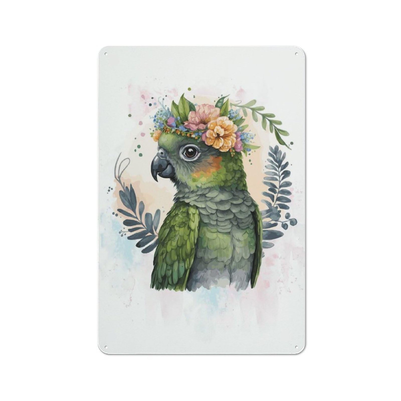 Junmoney Style-16 Character Decorative Tin Plaque 30X20cm Featuring Floral Watercolor Conure, Small Space Decor For Bedroom, Kitchen, Office Or Living Room