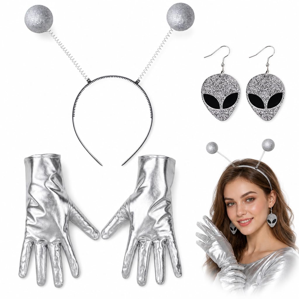 XcnPer 3Pcs Space Themed Fancy Dress Kit, Silver Glitter Ball Boppers Alien Headband, Matching Gloves & Earrings, Space Costume Accessories for Adult Women, Ideal Halloween & Cosmic Party Supplies