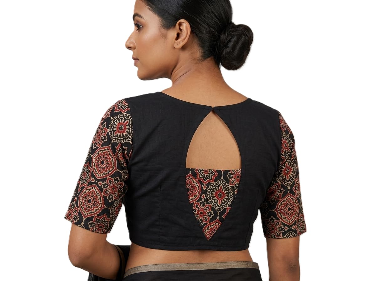 Women's Black Cotton Saree Blouse with Ajrakh Print Sleeves, Round Neck, Keyhole Back-image-33