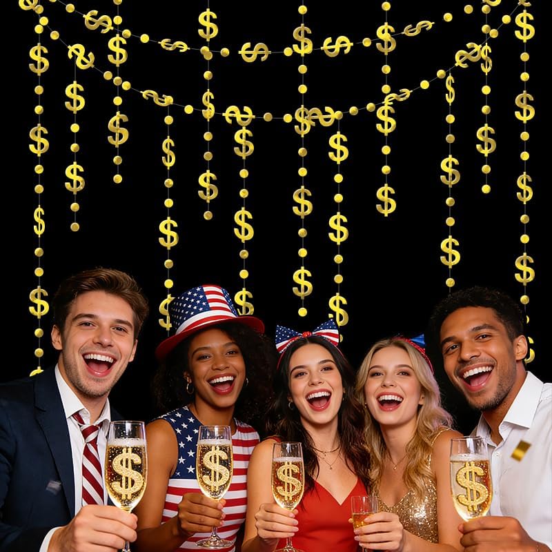 3 Pack 13 Feet Gold Dollar Sign Hanging Garland Gold $ Symbol Banner for Graduation Birthday Las Vegas Casino Night Retirement Party Decorations Dollar Photo Booth Backdrop Decoration