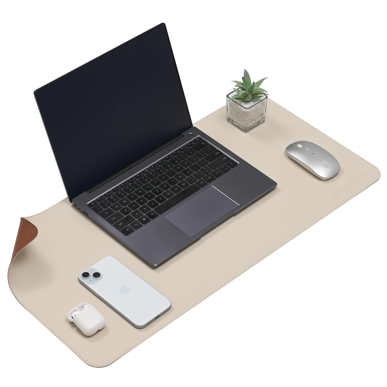 Aropana Vegan Leather Desk Mat | Large Reversible Mouse Pad & Computer Table Protector | Dual-Side Waterproof Extended Laptop Pad with Edge-Stitched Design (70 x 35 cm, White and Coffee)-image-13