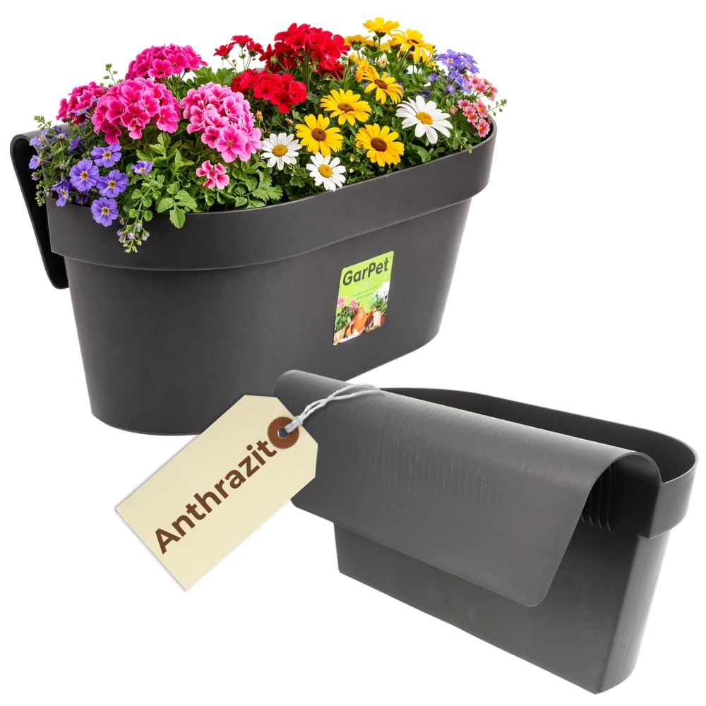 GarPet Geländerkasten Balkon mit Wasserspeicher Blumentopf Zaun Blumenkasten Geländer Balkontopf Anthrazit Balkonkasten Blumenkasten Balkongeländer Balkon Pflanzkasten Garten