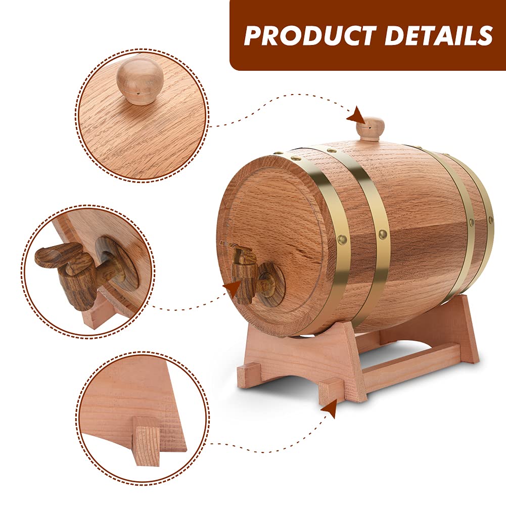 Barril de Madera de Roble Vintage, 3 Litros, con Soporte de Madera para Almacenamiento de Vino, Whisky, Ron y Puerto