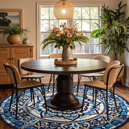 Tapete redondo boho azul navy lavable 7 pies miniatura 1