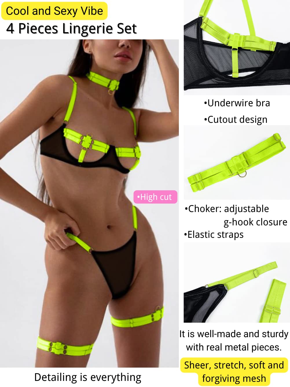 Kaei&Shi Glow Under Black Light, Party Boudoir Outfits, 4PC Peekaboo Lingerie: 0-2 Neon Green