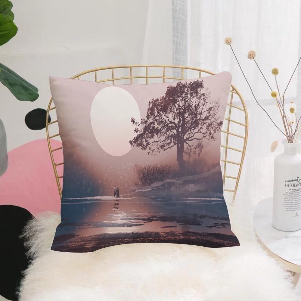HYOSXW Cushion Cover,Throw Pillow Case Home Decorative for Living Room Bedroom Sofa Chair 16X16 Inch,love couple in winter landscape with huge moon above illustration painting,Pillowcase 40X40cm