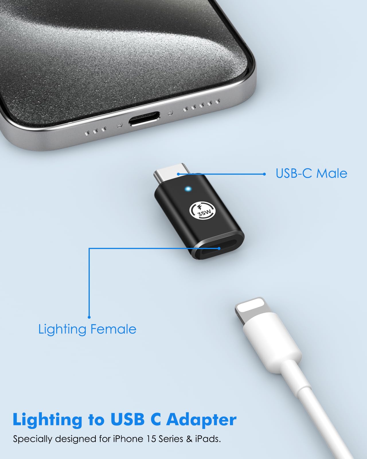 MoKo Adattatore da Lightning a USB C 2PZ, Adattatore iPhone a USB C per iPhone 16/16 Pro/16 PRO Max/iPhone 15 PRO Max Plus, Ricarica Rapida/Trasmissione Dati, Non per Auricolari/OTG, Nero 35W