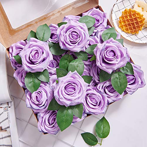 Yuzz Artificial Flowers Lilac Fake Silk Roses Heads With Stems 20Pcs Realistic Artificial Silk Roses For Wedding Centerpieces Bridal Show Bouquets Party Home Diy Flowers Decoration #TOP1