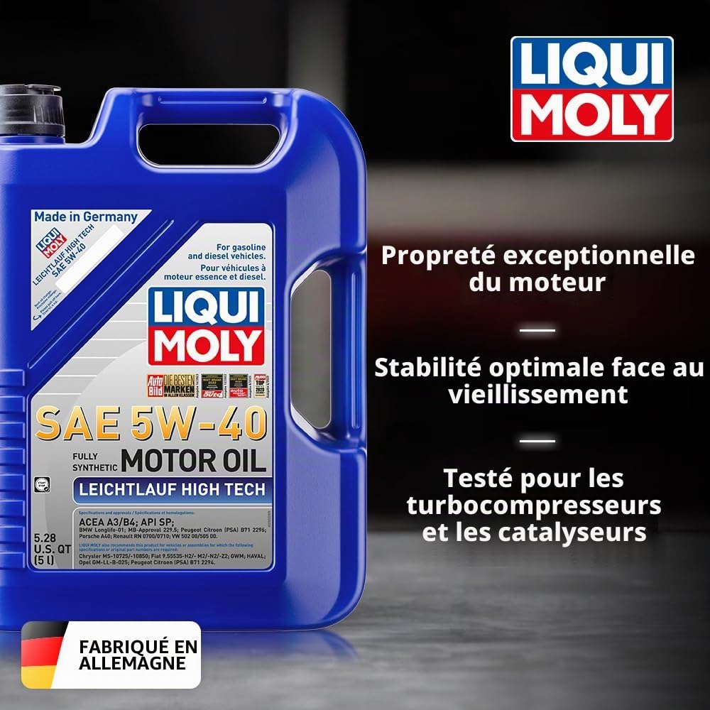 LIQUI MOLY Huile moteur Leichtlauf 5W-40 huile ACEA A3/B4 API SP High Tech 5 L Compatible avec VW Golf 7 3/5 portes 5G1, BQ1, BE1, BE2 Golf 4 3/5 portes 1J1 Golf 5 3/5 portes 1K1 Golf 6 3/5 portes 5K1
