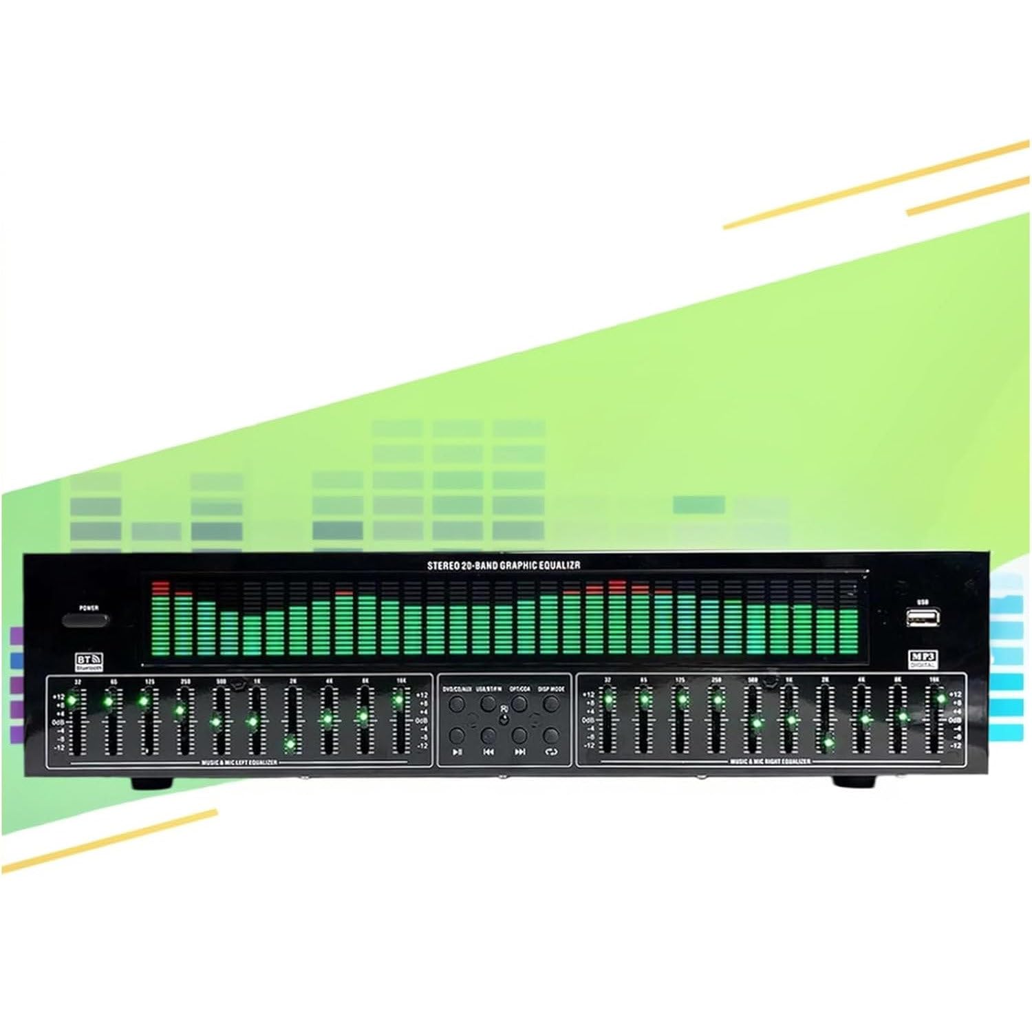 31-pasmowy korektor graficzny, cyfrowy korektor audio stereo z podwójną 10-pasmową regulacją, 12 wzorów rytmicznych, analizator spektrum muzyki LED