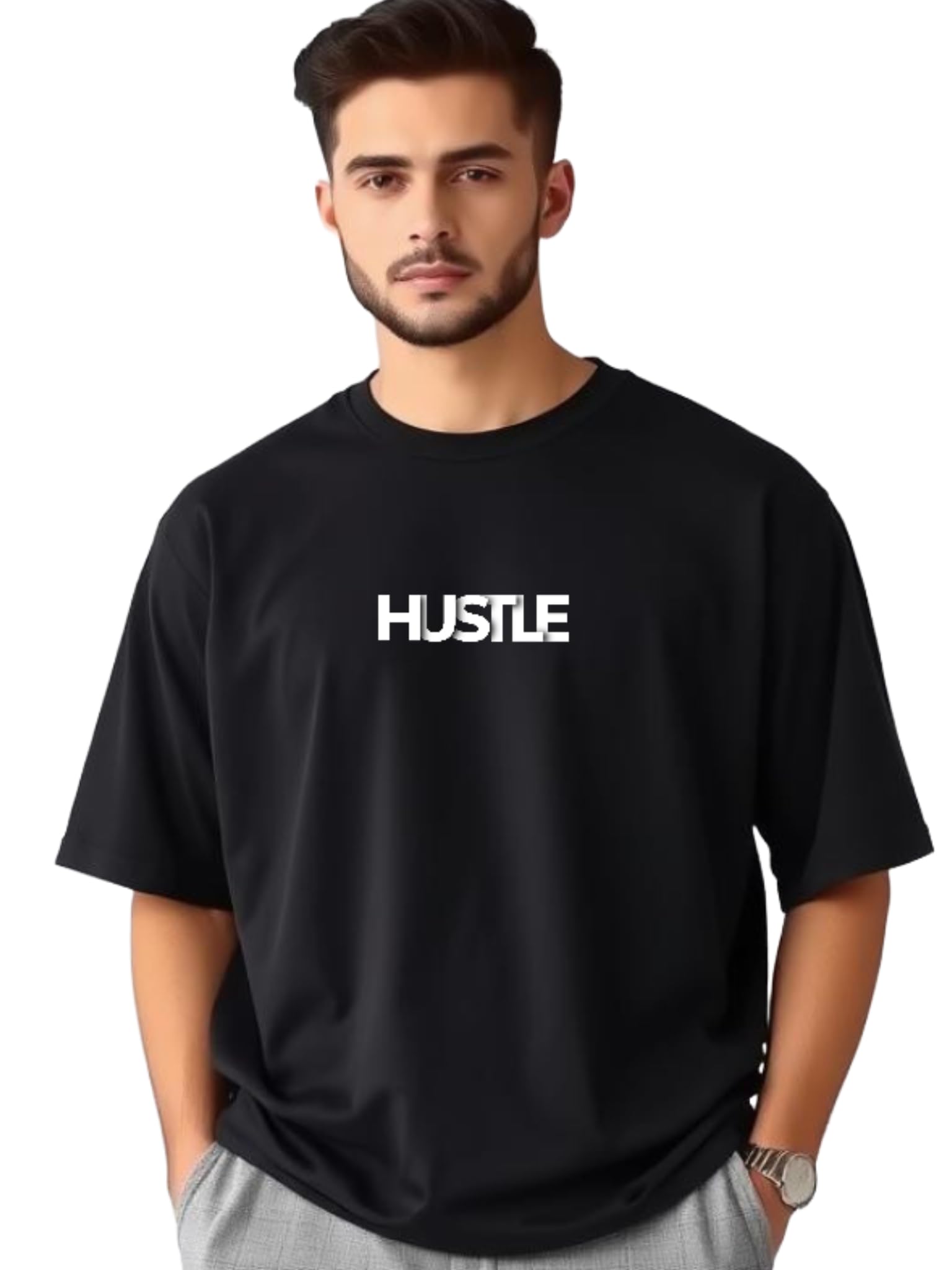 Hustle Graphic Oversized T-Shirt for Men, Black, Casual Streetwear-image-30