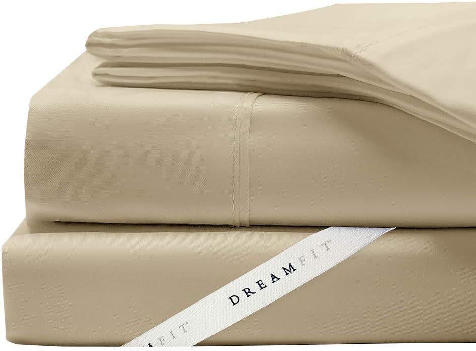 DreamFit DreamCool 100% Egyptian Cotton Cooling Bed Sheets Set with Elastic Corner Straps 400 Thread Count Extra Deep Pocket, Made in USA, Queen Sheet Set- Truffle