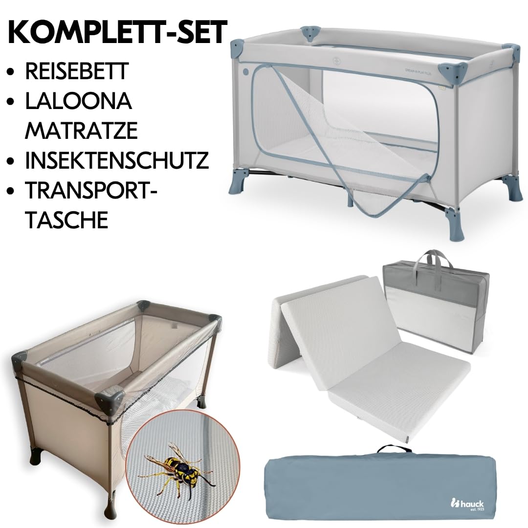 Hauck Baby Reisebett Set Dream n Play Plus inkl. Matratze & Insektenschutz – faltbares Kinder Reisebett mit großem Seiteneingang, Dusty Blue