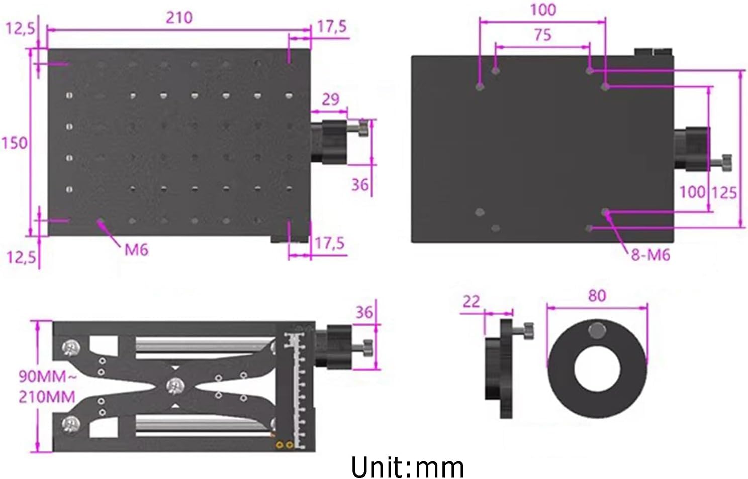 Manueller Laborheber aus Aluminiumlegierung, hochpräziser Lineartisch mit Skala, 120 mm Hub, 30 kg Tragfähigkeit (210 * 150mm)