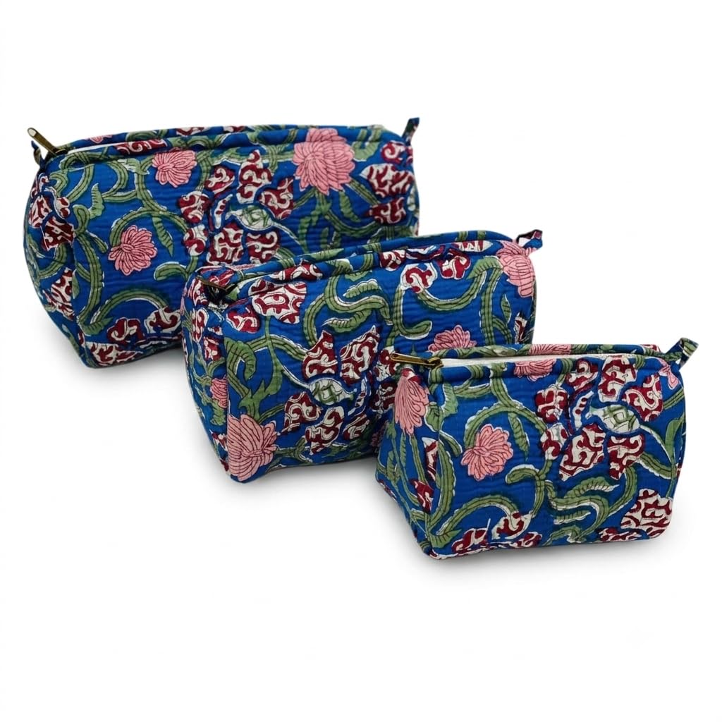 Set of 3 Multipurpose Pouches - Organiser/Kit/Bag for Cosmetic/Makeup/Jewelry/Toiletry/Shaving/Stationery/Travel Essential I Pure Cotton I Hand-Block (Floral; Ocean Blue)-picture-13