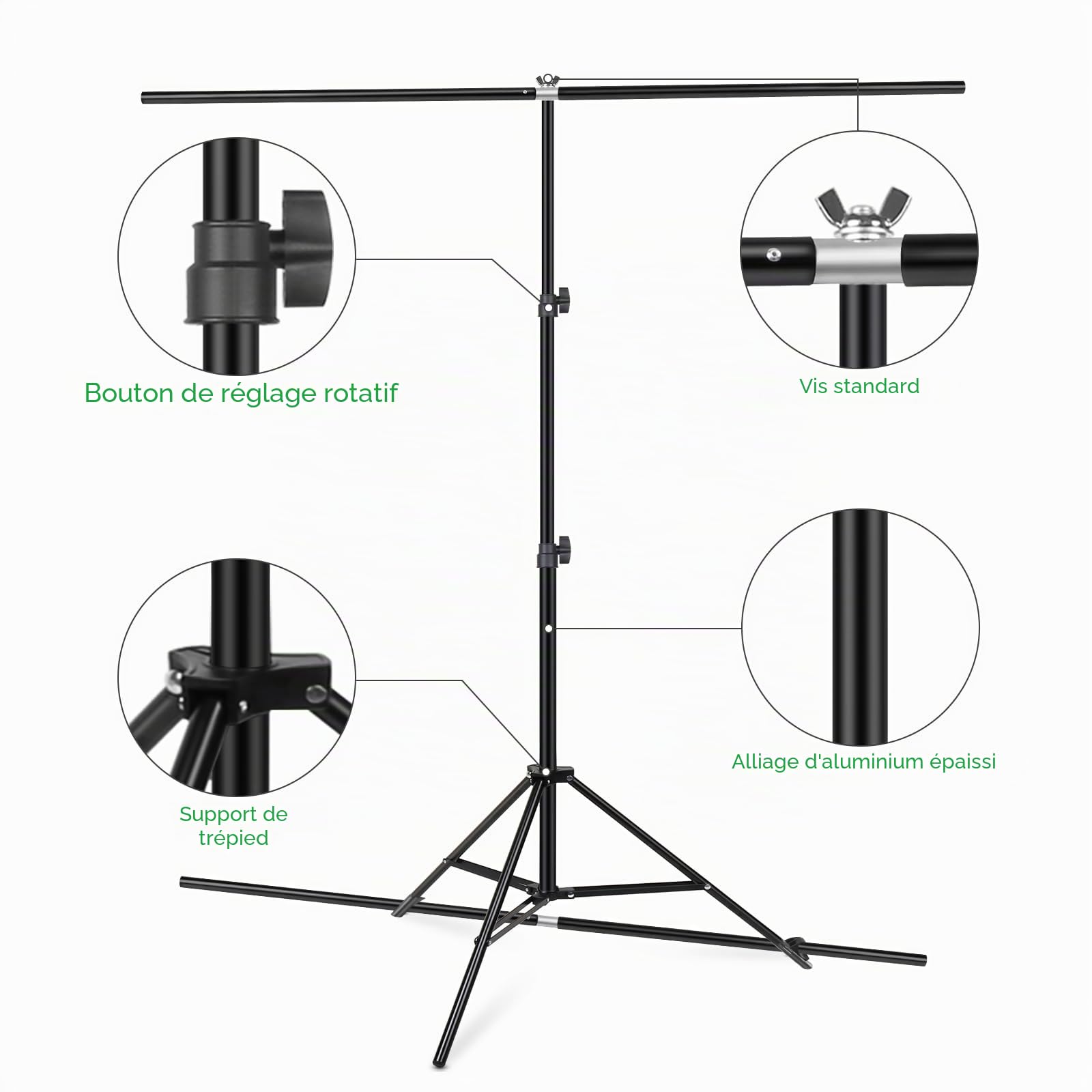 Écran vert avec support, 2 x 1,5 m, fond Chromakey avec support de photographie pour séance photo, streaming, jeux vidéo, enregistrement photo