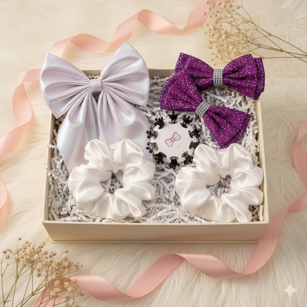 Stunning Shopping Stylish Hair Accessories Gift Box for Girls – Floral Bow, Scrunchie, Hair Clips, Beaded Bracelet & Flower Claw Clip – Elegant Combo for Gifting, Parties, Ethnic (Purple 1)