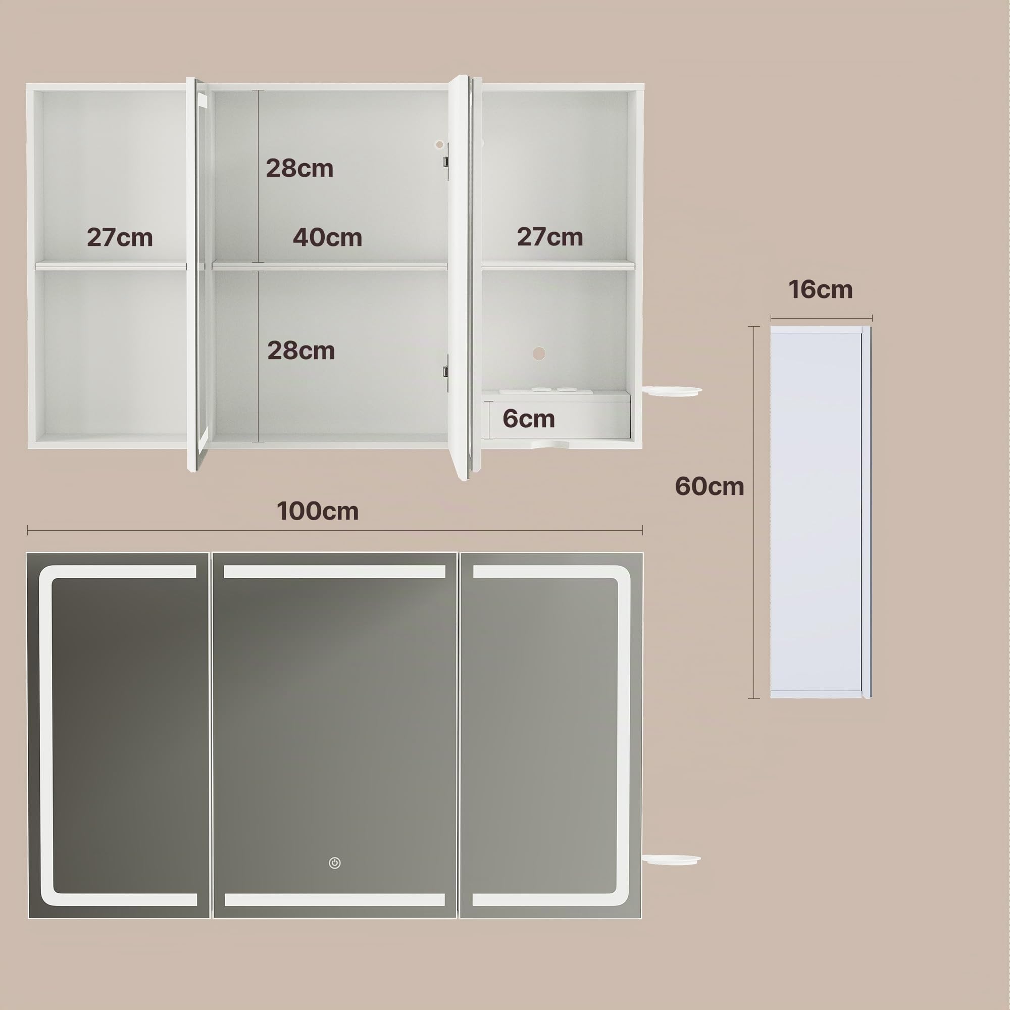 Xbro Specchio Bagno LED con Armadietto e Presa 100x16x60 cm | LED touch regolabile per trucco e cura personale, con vano contenitore e presa integrata per un bagno ordinato.