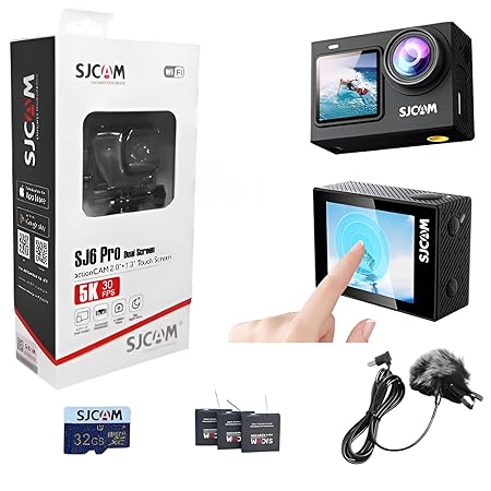 SJCAM SJ6 Pro 5K 24MP Dual Screen Action Camera Kit | 6axis gyro | 165° Ultra Wide | 2" Touch Screen | 30M Underwater with 3 x1000 mAh Batteries 32GB SD Card, Type-C Mic and Accessories Kits