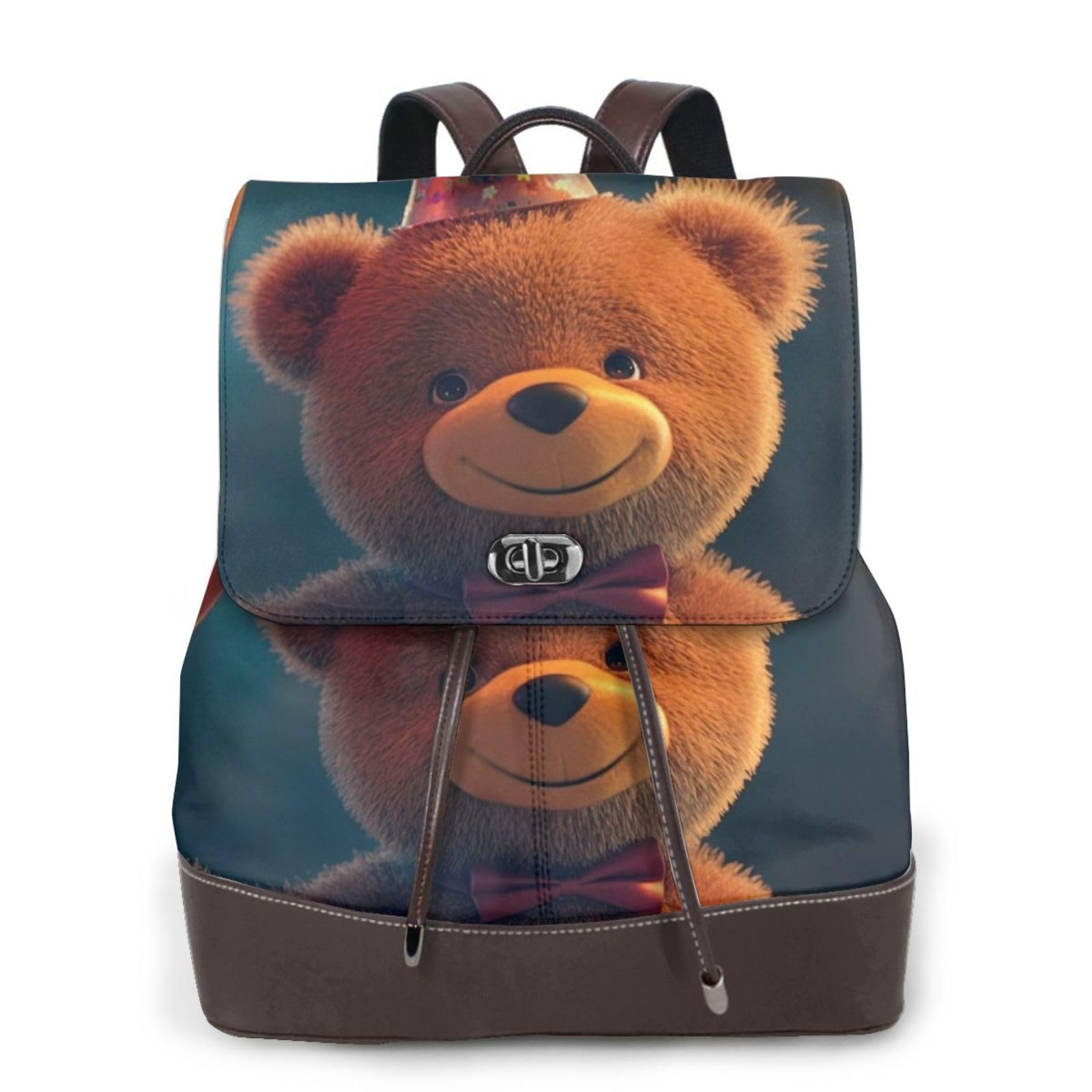 Ein Teddybär, der einen Ballon hält, modischer Damen-Rucksack, lässiger Rucksack, bedruckter Damen-Lederrucksack für die Arbeit
